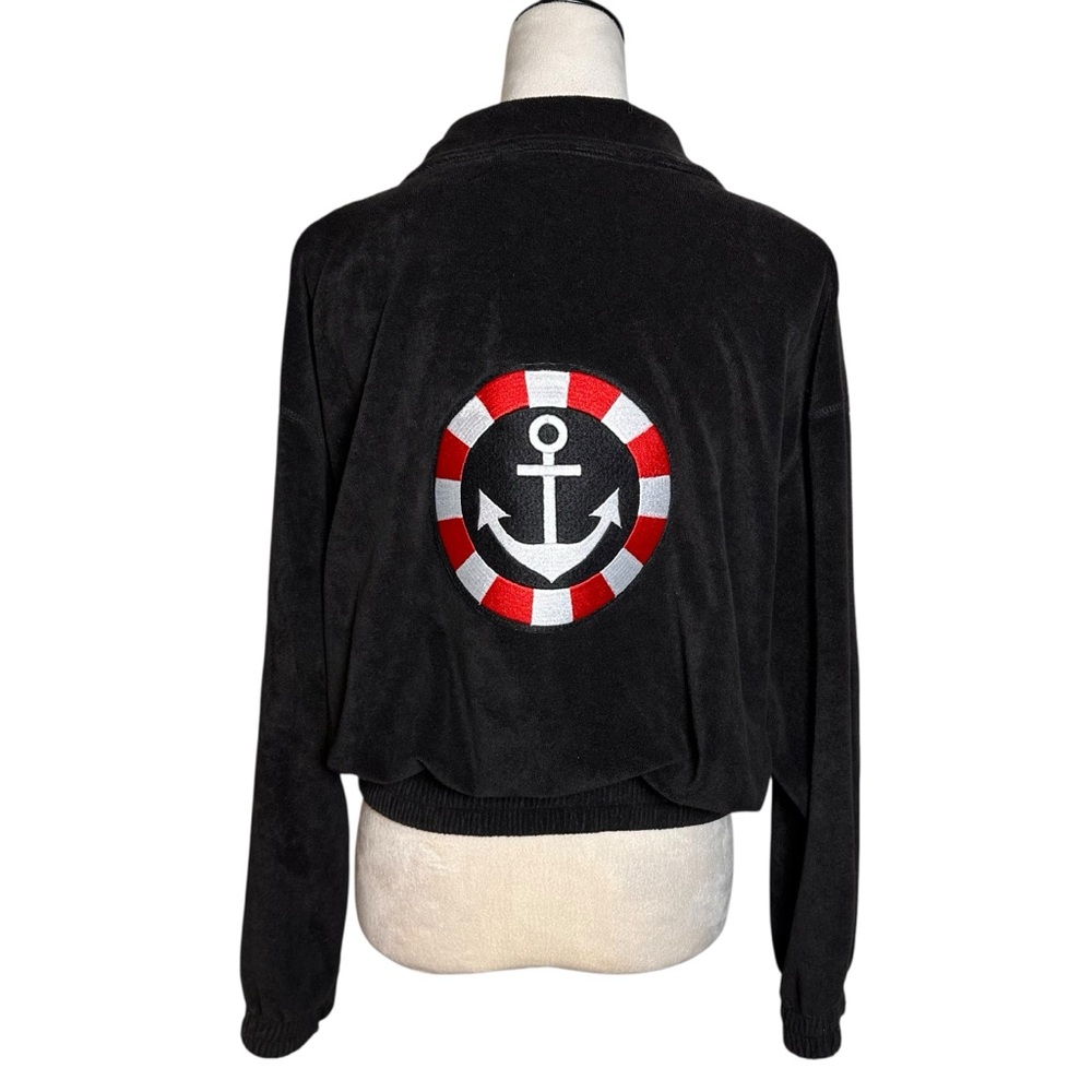 LA Blanca Black‎ Terry Cloth Jacket Nautical Anchor Patch Cropped Snap Front M